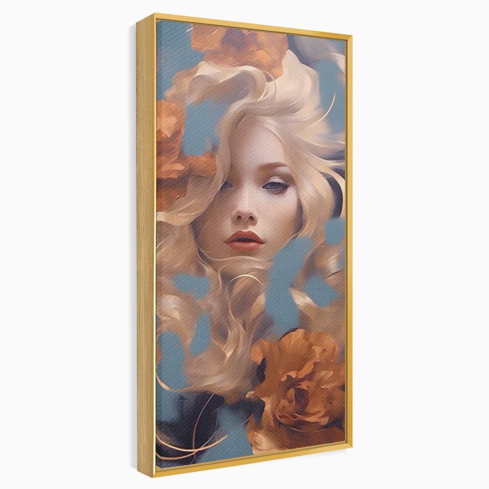 Tablou canvas cu portret de femeie cu flori portocalii, in rama de aluminiu auriu